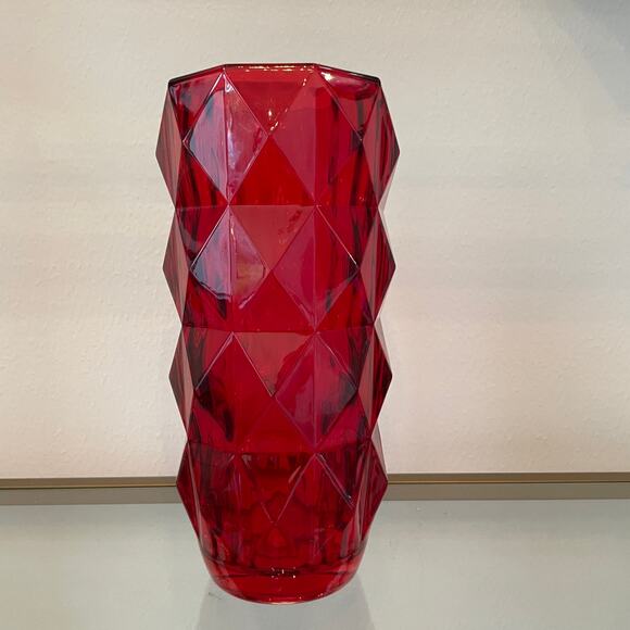 Ruby Red Heavy Glass Vase 11in Geometric Christmas Holiday Valentine NEW - Picture 1 of 14